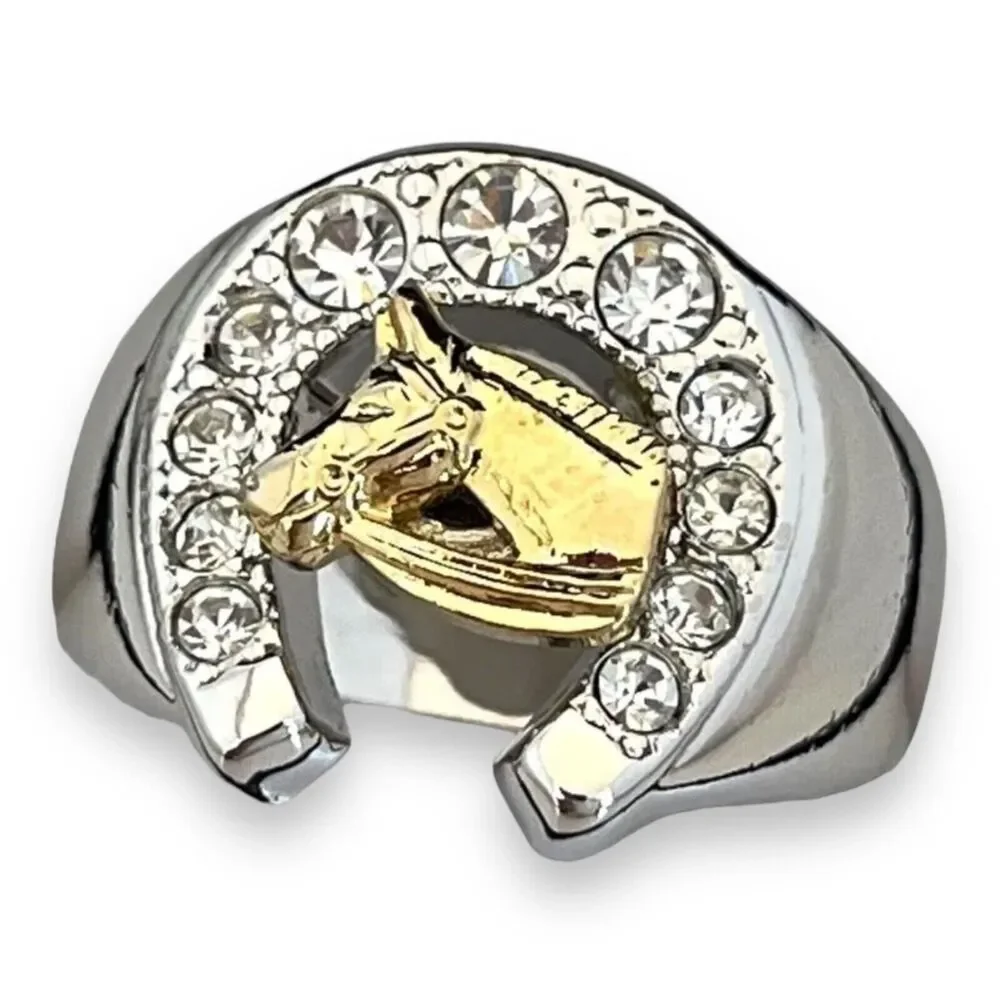 Vintage 1980s Ring Size 9 Horseshoe Horse CZ Two Tone Gold Plated - 14P